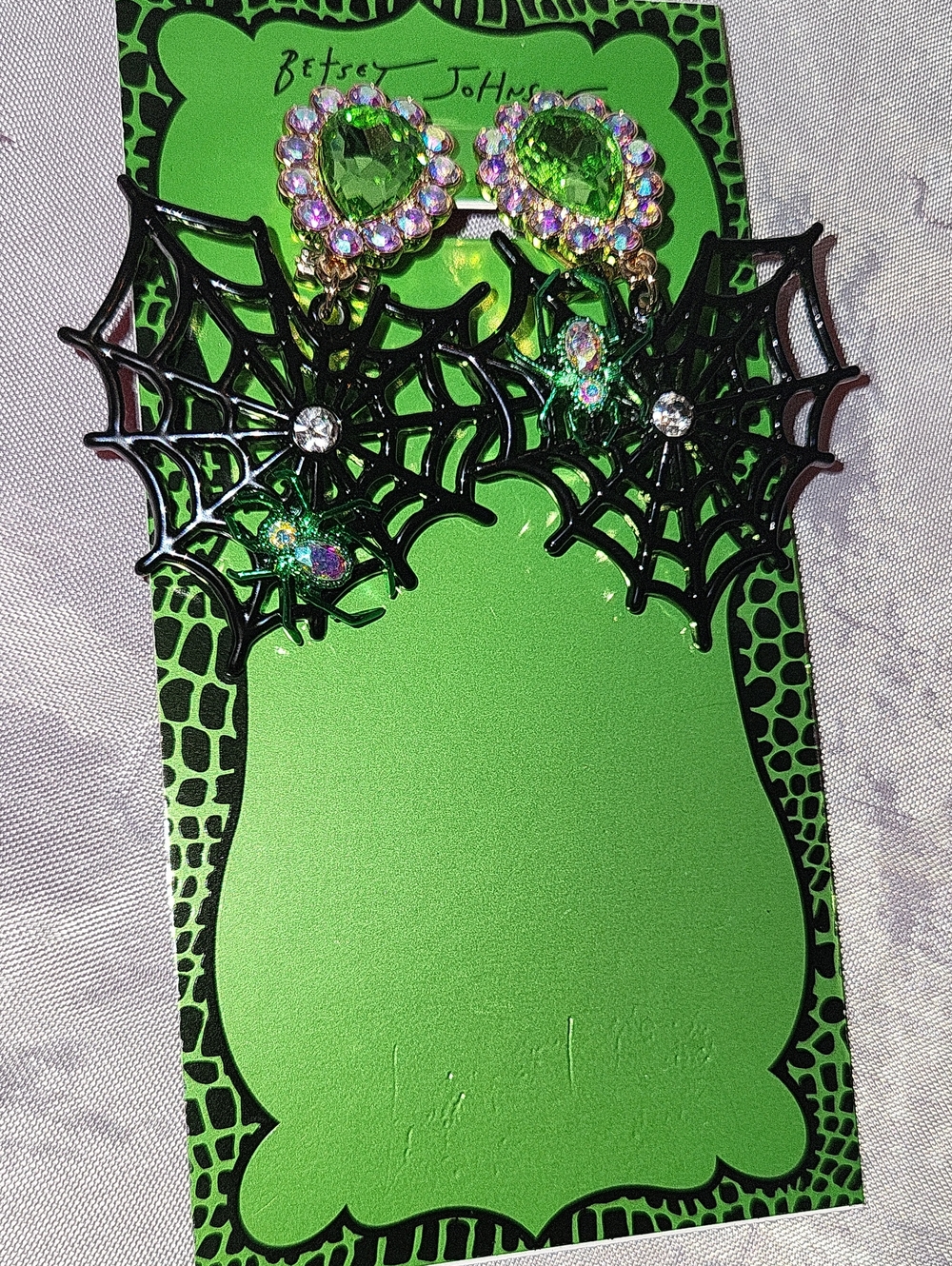 Betsey Johnson Black Heart Spiderweb Dangle Earrings with Green Gem Accents
